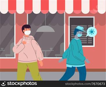 Infected man break the rules, dont adhere to quarantine and self-isolation. Unhealthy carrier wearing face medical mask spread virus. People don t keep a safe distance in public place near the shop. People don t keep a safe distance during virus pandemia in public place, infected with carrier