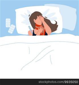 Infected Sick Woman Lying In Bed With Fever Vector. Flu Disease Young Girl In Bed Measuring Body Temperature And Holding Head And Throat. Character Medical Treatment Flat Cartoon Illustration. Infected Sick Woman Lying In Bed With Fever Vector