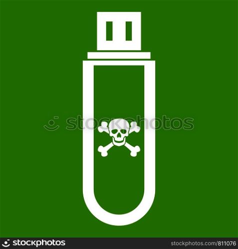 Infected USB flash drive icon white isolated on green background. Vector illustration. Infected USB flash drive icon green