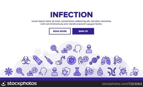Infection And Disease Landing Web Page Header Banner Template Vector. Infection In Stomach And Lungs, On Hand And In Flask, Thermometer And Syringe Illustrations. Infection And Disease Landing Header Vector
