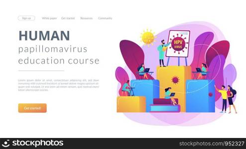 Infection prevention and treatment learning. HPV education programs, human papillomavirus education course, HPV online consultation concept. Website homepage landing web page template.. HPV education programs concept landing pageation