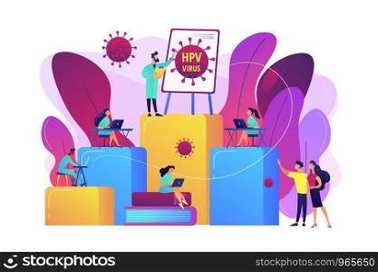 Infection prevention and treatment learning. HPV education programs, human papillomavirus education course, HPV online consultation concept. Bright vibrant violet vector isolated illustration. HPV education programs concept vector illustration