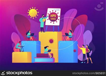 Infection prevention and treatment learning. HPV education programs, human papillomavirus education course, HPV online consultation concept. Bright vibrant violet vector isolated illustration. concept vector illustration