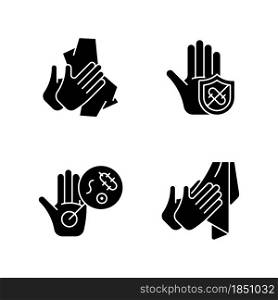 Infection prevention black glyph icons set on white space. Wiping off dirt and germs. Dry hands with towel. Microbes protection. Unwashed hands. Silhouette symbols. Vector isolated illustration. Infection prevention black glyph icons set on white space