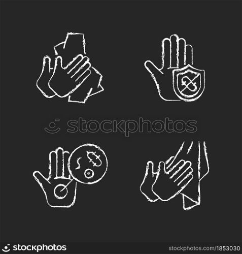 Infection prevention chalk white icons set on dark background. Wiping off dirt and germs. Dry hands with towel. Microbes protection. Unwashed hands. Isolated vector chalkboard illustrations on black. Infection prevention chalk white icons set on dark background