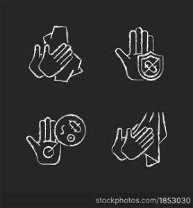 Infection prevention chalk white icons set on dark background. Wiping off dirt and germs. Dry hands with towel. Microbes protection. Unwashed hands. Isolated vector chalkboard illustrations on black. Infection prevention chalk white icons set on dark background