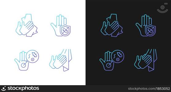 Infection prevention gradient icons set for dark and light mode. Wiping off dirt, germs. Thin line contour symbols bundle. Isolated vector outline illustrations collection on black and white. Infection prevention gradient icons set for dark and light mode