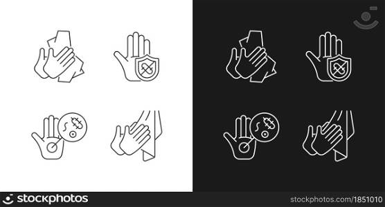Infection prevention linear icons set for dark and light mode. Wiping off dirt, germs. Dry hands with towel. Customizable thin line symbols. Isolated vector outline illustrations. Editable stroke. Infection prevention linear icons set for dark and light mode