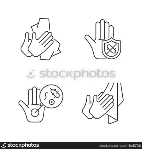 Infection prevention linear icons set. Wiping off dirt, germs. Dry hands with towel. Microbes protection. Customizable thin line contour symbols. Isolated vector outline illustrations. Editable stroke. Infection prevention linear icons set