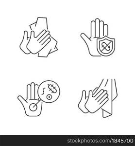 Infection prevention linear icons set. Wiping off dirt, germs. Dry hands with towel. Microbes protection. Customizable thin line contour symbols. Isolated vector outline illustrations. Editable stroke. Infection prevention linear icons set