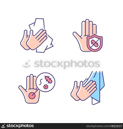 Infection prevention RGB color icons set. Wiping off dirt and germs. Dry hands with towel. Microbes protection. Unwashed hands. Isolated vector illustrations. Simple filled line drawings collection. Infection prevention RGB color icons set