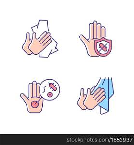 Infection prevention RGB color icons set. Wiping off dirt and germs. Dry hands with towel. Microbes protection. Unwashed hands. Isolated vector illustrations. Simple filled line drawings collection. Infection prevention RGB color icons set