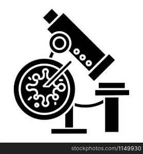 Infection test glyph icon. Medical procedure. Blood culture test. Microscope with sample. Disease examination. Hematology, microbiology. Silhouette symbol. Negative space. Vector isolated illustration