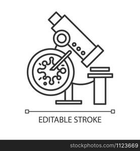Infection test linear icon. Medical procedure. Blood culture test. Microscope with sample. Microbiology. Thin line illustration. Contour symbol. Vector isolated outline drawing. Editable stroke