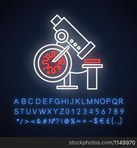 Infection test neon light icon. Medical procedure. Blood culture test. Microscope with sample. Hematology, microbiology. Glowing sign with alphabet, numbers and symbols. Vector isolated illustration