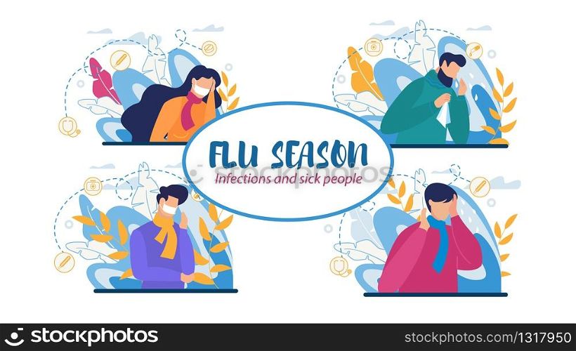 Infections and Flu Season Set with Sick People Bundle. Man and Woman Characters Wearing Scarf Feeling Unwell, Having Headache, Runny Nose, Sore Throat and Coughing. Vector Flat Cartoon Illustration. Infections and Flu Season Set with Sick People