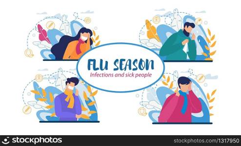 Infections and Flu Season Set with Sick People Bundle. Man and Woman Characters Wearing Scarf Feeling Unwell, Having Headache, Runny Nose, Sore Throat and Coughing. Vector Flat Cartoon Illustration. Infections and Flu Season Set with Sick People