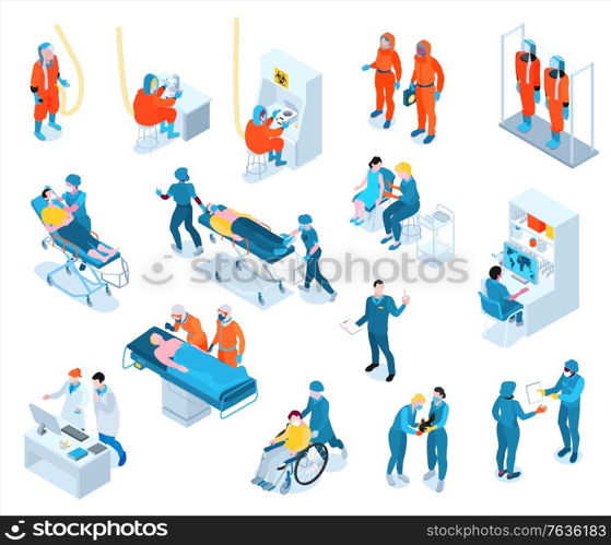 Infectious disease isometric set with scientist and doctor symbols isolated vector illustration