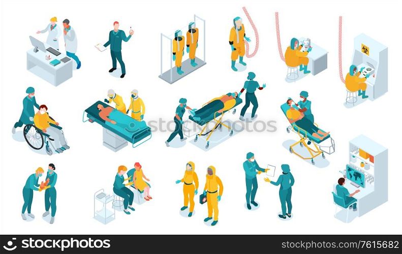 Infectious disease isometric set with virologist symbols isolated vector illustration