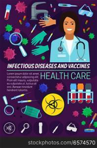 Infectious disease medicine and vaccine health care banner with doctor and laboratory research symbol. Infectiology poster with virus, pill and syringe, thermometer, stethoscope and blood test tube. Infectious disease medicine and vaccine banner