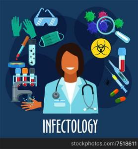 Infectious disease medicine symbol of infectiologist with flat icons of laboratory protective equipments and bio hazard sign, pills, thermometer and vaccine, test tubes with blood and mites, petri dish with pipette and virus cells with magnifier. Infectious disease medicine flat symbol
