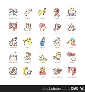 Infectious diseases RGB color icons set. Different pandemic infections, contagious viral illnesses. Dangerous bacterial viruses. Various bacterial pathogens isolated vector illustrations
