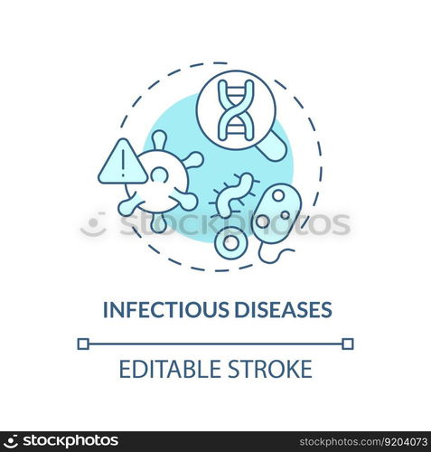 Infectious diseases turquoise concept icon. Developing treatments for patient. Application of precision medicine abstract idea thin line illustration. Isolated outline drawing. Editable stroke. Infectious diseases turquoise concept icon