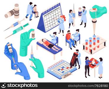 Infectious diseases virussen vaccination strategy isometric set with schedule planning gloved hands syringe filling injection vector illustration