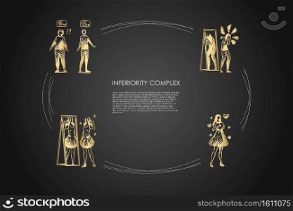 Inferiority complex - women with inferiority complex not satisfied with weight and appearance vector concept set. Hand drawn sketch isolated illustration. Inferiority complex - women with inferiority complex not satisfied with weight and appearance vector concept set