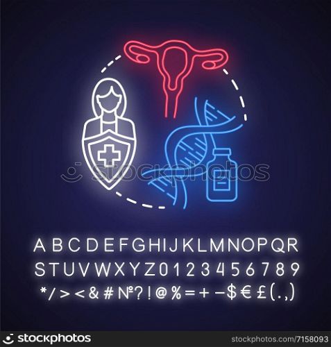 Infertility treatments neon light concept icon. Women health idea. Reproductive system, pregnancy, gynecology. Glowing sign with alphabet, numbers and symbols. Vector isolated illustration