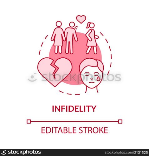 Infidelity pink concept icon. Partner cheater in couple. Divorce reason abstract idea thin line illustration. Isolated outline drawing. Editable stroke. Roboto-Medium, Myriad Pro-Bold fonts used. Infidelity pink concept icon