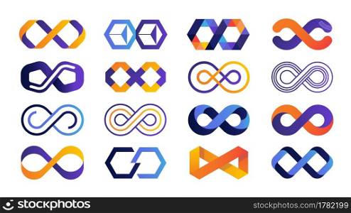 Infinite logo. Colored Mobius ribbon and eternity geometric symbols. Blue and orange limitless business minimal emblems. Isolated repetition loop signs templates. Vector endless line elements set. Infinite logo. Colored Mobius ribbon and eternity geometric symbols. Blue and orange limitless business emblems. Isolated repetition signs templates. Vector endless line elements set
