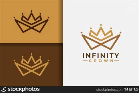 Infinity Crown Logo Design. Golden Crown with Flat Minimalist Concept.
