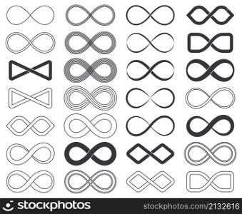 Infinity eternity unlimited symbols, limitless cyclical emblems. Outline infinity, unlimited eternity loop vector set. Endless infinite icons and loop eternity brush, infinity and endless illustration. Infinity eternity unlimited symbols, limitless cyclical emblems. Outline infinity signs, unlimited eternity loop vector symbols set. Endless infinite icons