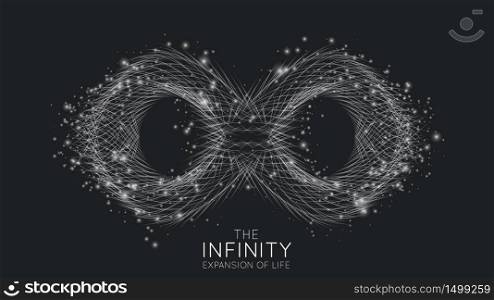 Infinity expansion of life. Vector infinity sign explosion background. Small particles strive out of center. Blurred debrises into rays or lines under high speed of motion. Burst, explosion backdrop. Infinity expansion of life. Vector infinity sign explosion background. Small particles strive out of center. Blurred debrises into rays or lines under high speed of motion. Burst, explosion backdrop.