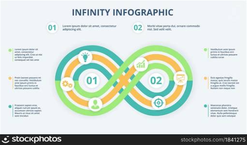 Infinity infographic, loop timeline diagram, 2 steps or options chart. Business strategy model, investment process concept vector template. Progress chain and business planning unity. Infinity infographic, loop timeline diagram, 2 steps or options chart. Business strategy model, investment process concept vector template