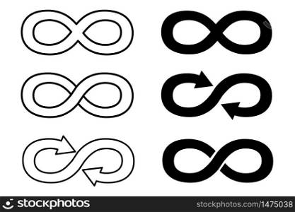 Infinity signs in different forms of two colors, black and white on a white background. Vector illustration. Stock Photo.