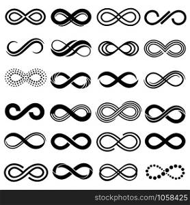 Infinity symbol. Infinite repetition, unlimited contour and endless infinite sign. Eternity curve loop figure logotype infinity silhouette. Isolated vector symbols set. Infinity symbol. Infinit repetition, unlimited contour and endless isolated vector symbols set