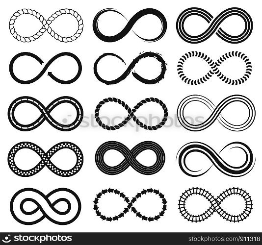 Infinity symbols. Endless loop shape, unlimited signs, eight isolated vector symbolism logos infinite black geometric icons, different emblem silhouette set. Infinity symbols. Endless loop shape, unlimited signs, eight isolated vector icons set