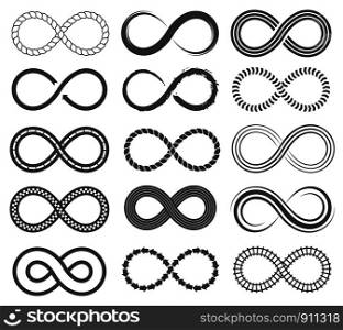 Infinity symbols. Endless loop shape, unlimited signs, eight isolated vector symbolism logos infinite black geometric icons, different emblem silhouette set. Infinity symbols. Endless loop shape, unlimited signs, eight isolated vector icons set