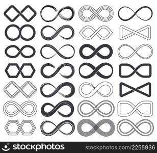 Infinity unlimited symbols, eternal endless cyclical icons. Abstract limitless infinite loop vector symbols set. Endless eternity signs. Loop eternity emblem illustration. Infinity unlimited symbols, eternal endless cyclical icons. Abstract limitless infinite loop vector symbols set. Endless eternity signs
