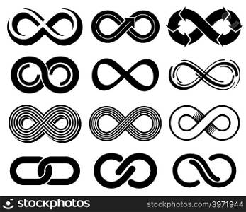 Infinity vector symbols. Mobius loop icons. Infinite sign and eternity line loop illustration. Infinity vector symbols. Mobius loop icons