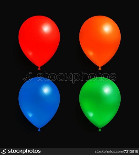 Inflatable air flying balloons of blue purple yellow red orange and pink color isolated on black background realistic balloon vector of birthday decorations. Inflatable Flying Balloons Blue Purple Yellow Red