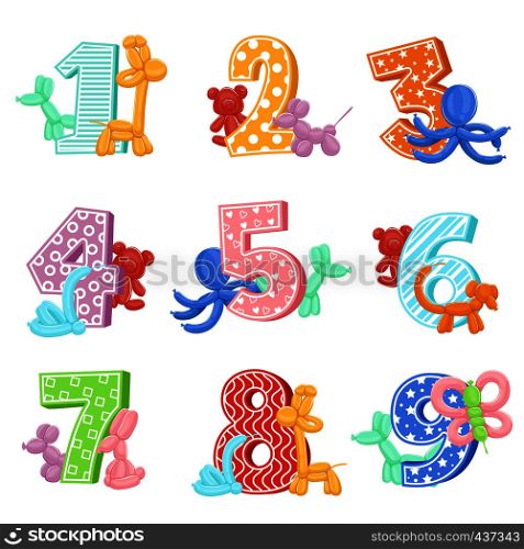 Inflatable animals with birthday numbers. Vector illustrations. Design template of invitation cards for kids party. Birthday and inflatable balloon in shape animals. Inflatable animals with birthday numbers. Vector illustrations. Design template of invitation cards for kids party