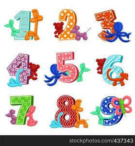 Inflatable animals with birthday numbers. Vector illustrations. Design template of invitation cards for kids party. Birthday and inflatable balloon in shape animals. Inflatable animals with birthday numbers. Vector illustrations. Design template of invitation cards for kids party