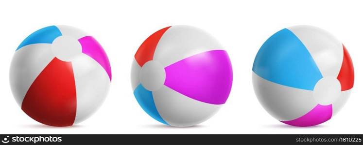 Inflatable beach ball, striped air balloon for play in water, sea or swim pool. Vector realistic set of bright rubber beachball with blue, red and pink colors isolated on white background. Inflatable beach ball for play in sea or swim pool