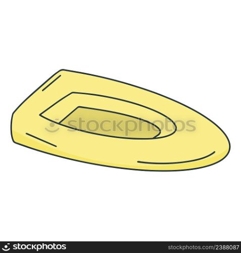 Inflatable boat isolated doodle style. Rubber water vehicle. Equipment for sports, tourism, fishing and entertainment. Yellow boat icon vector illustration. Inflatable boat isolated doodle style
