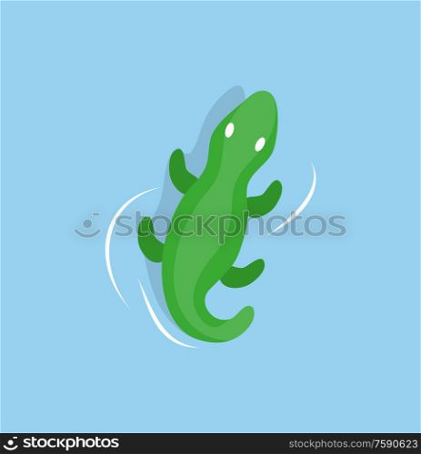 Inflatable crocodile in sea waters isolated cartoon toy. Vector green reptile nautical safety aid. Rubber animal lifebuoy or lifesaver, swimming equipment. Inflatable Crocodile in Water Isolated Cartoon Toy