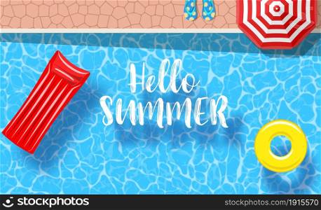 inflatable mattress floating and yellow pool rings in a swimming pool. Poster template for summer holiday. Summer pool party banner with space for text. Vector illustration in flat style. inflatable mattress floating in a swimming pool