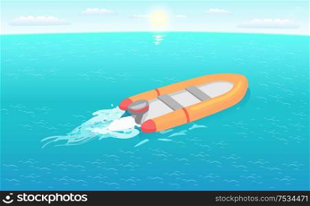 Inflatable rescue boat sailing in deep blue waters living trace. Safety rubber sailboat, transportation vehicle at sos situations, motor rowing craft vector. Inflatable Rescue Boat Sailing in Deep Blue Waters